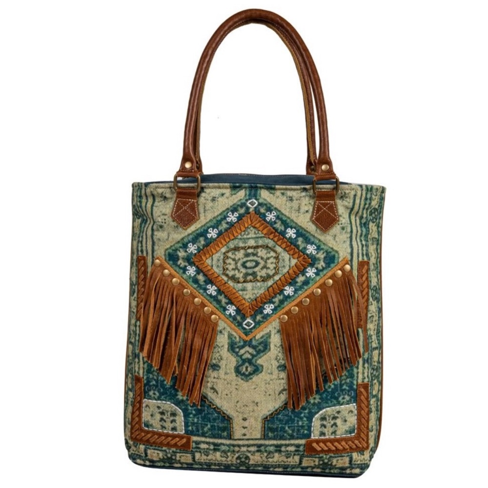 NWT - MYRA  ART ON CANVAS TOTE BAG- Aztec blue Azure  print - Canvas and…